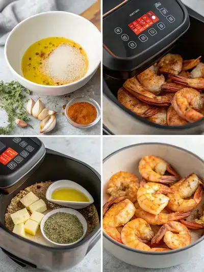 A step-by-step visual guide for preparing Old Bay shrimp, featuring an air fryer, seasoning bowl, coated shrimp, and shrimp arranged in the air fryer basket.