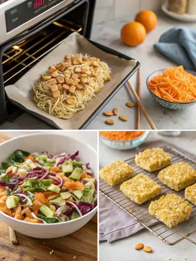 A step-by-step visual guide to preparing Ramen Salad, featuring an oven, crushed noodles, baked noodles, and a colorful salad mix.