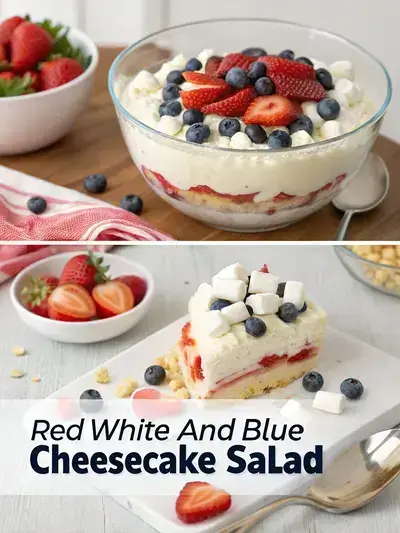 A step-by-step visual representation of making Red White And Blue Cheesecake Salad, showcasing the mixing of ingredients, folding in fruits, and the final chilled salad in a rustic kitchen setting.