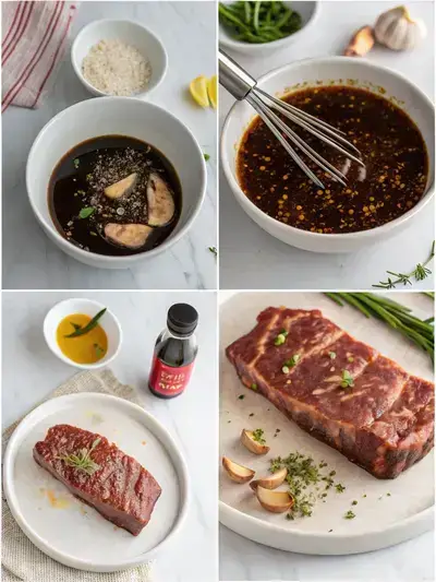 Four-step process of preparing steak marinade, showcasing ingredients, marinating steak, and searing in a skillet.