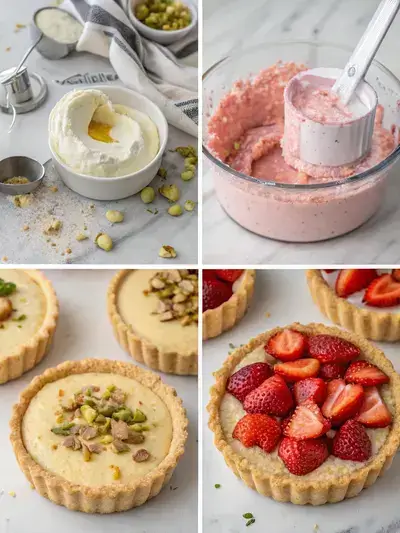 A step-by-step visual guide to making Strawberry Rose Tarts, showcasing the preparation of the crust, filling, and decoration with strawberries.