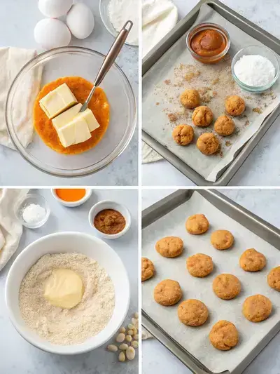 Step-by-step process of making Sweet Potato Pie Cheesecake Cookies, showcasing preheating the oven, creaming butters and sugars, adding eggs and vanilla, and mixing dry ingredients.