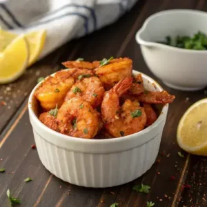 Photorealistic image of air-fryer shrimp with Old Bay seasoning in a white bowl, set on a dark wooden table.