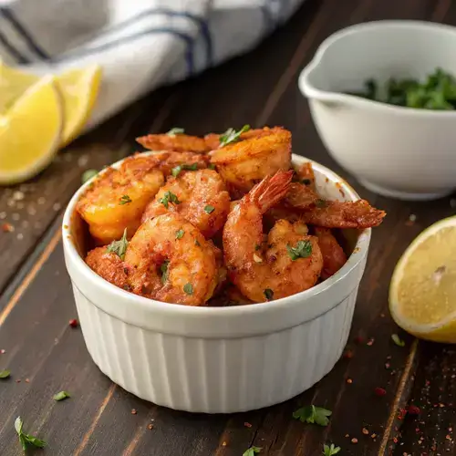 Photorealistic image of air-fryer shrimp with Old Bay seasoning in a white bowl, set on a dark wooden table.