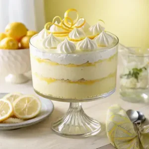 Photorealistic lemon trifle with whipped cream swirls and lemon slices, set against a soft yellow background.