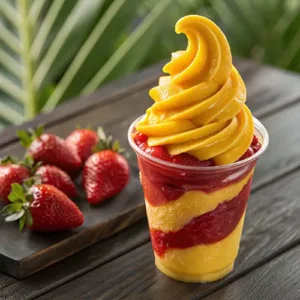 A tall, glossy swirl of Pineapple Strawberry Slushie in a plastic cup, layered with yellow pineapple and red strawberry slush, with whole strawberries in the background.