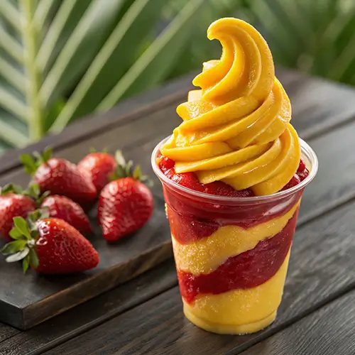 A tall, glossy swirl of Pineapple Strawberry Slushie in a plastic cup, layered with yellow pineapple and red strawberry slush, with whole strawberries in the background.