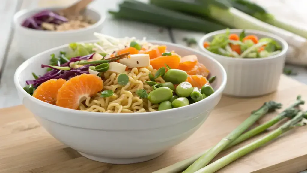 Close-up of a vibrant Asian-inspired ramen salad in a white bowl on a light wood table, featuring toasted ramen clusters, mandarin segments, edamame, and coleslaw.