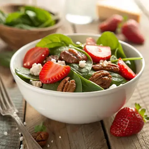 Photorealistic image of a Strawberry Spinach Salad with spinach, strawberries, pecans, and goat cheese on a rustic wooden table.