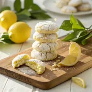 Stack of lemon cooler cookies with a broken cookie revealing a soft interior, surrounded by vibrant lemons and leaves.