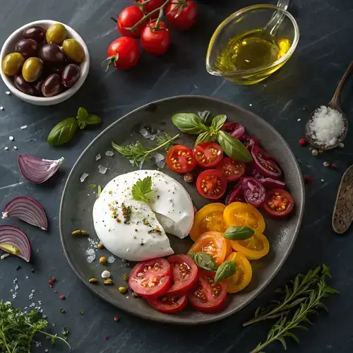 Overhead view of a burrata platter with creamy cheese, tomatoes, olives, and herbs on a marble tabletop.