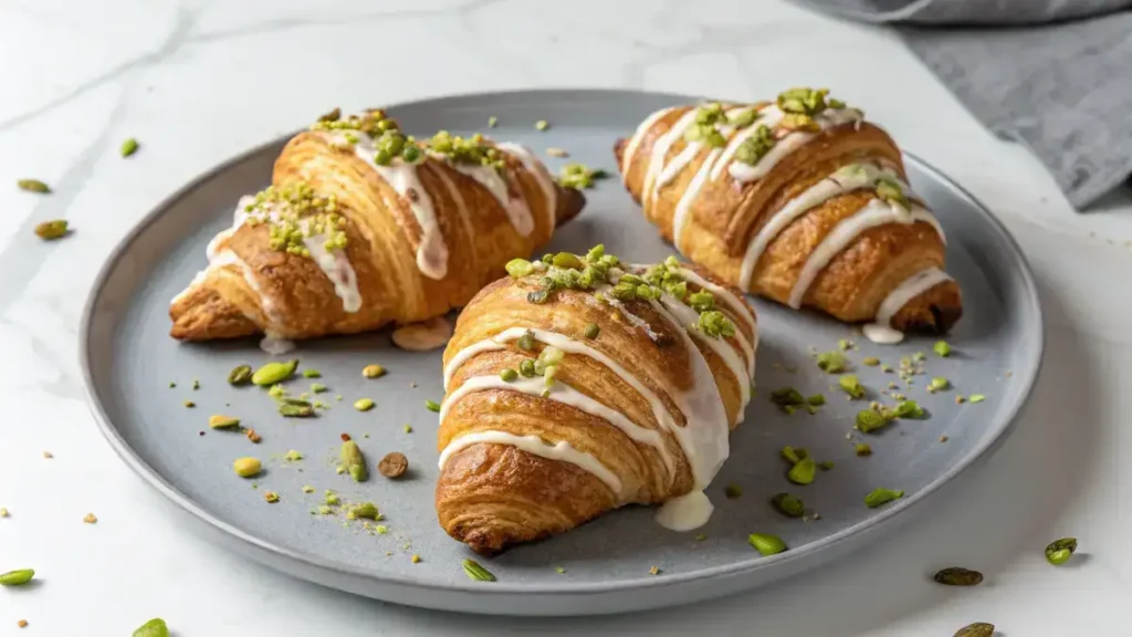 Three golden-brown pistachio croissants on a gray ceramic plate, topped with white glaze and chopped pistachios.