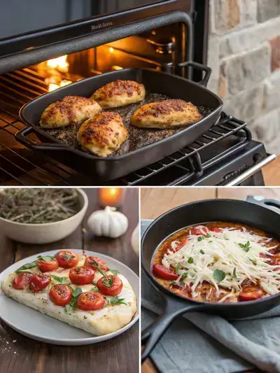Bruschetta Chicken Bake preparation steps with an oven, skillet, and baking dish.