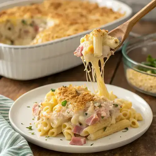 Wooden spoon lifting gooey strands of melted cheese from a Chicken Cordon Bleu Casserole.