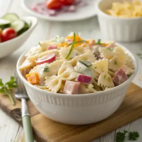 Overhead view of a creamy loaded bowtie pasta salad with fresh ingredients in a ceramic bowl.