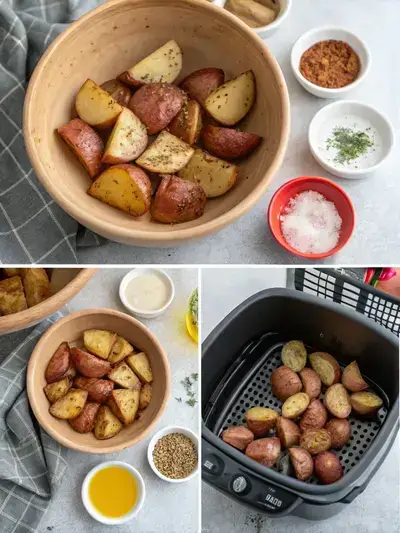 Four-part image showing the process of making crispy air fryer potatoes, from mixing ingredients to serving the finished dish.