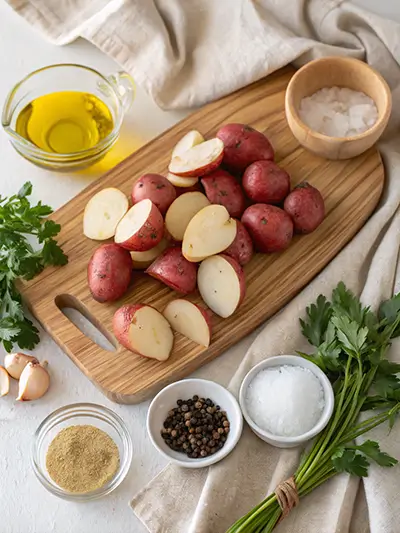 Sliced red potatoes on a wooden cutting board surrounded by fresh parsley, spices, salt, pepper, olive oil, and shallots.