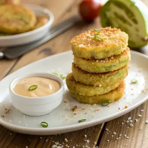 Fried green tomato slices with a sprinkle of salt on a rustic wooden table.