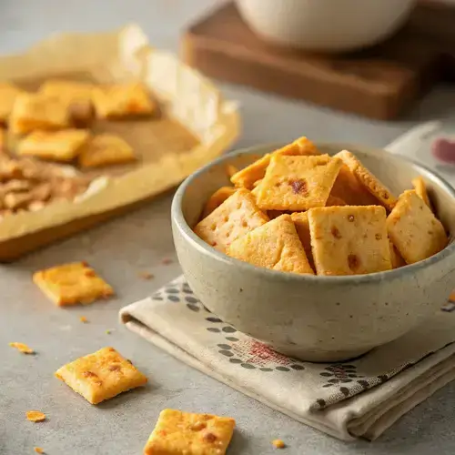 Homemade cheese crackers scattered on a tabletop with a ceramic bowl.