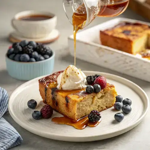 A slice of French toast bake on a white plate, with maple syrup pouring over it and berries scattered around.