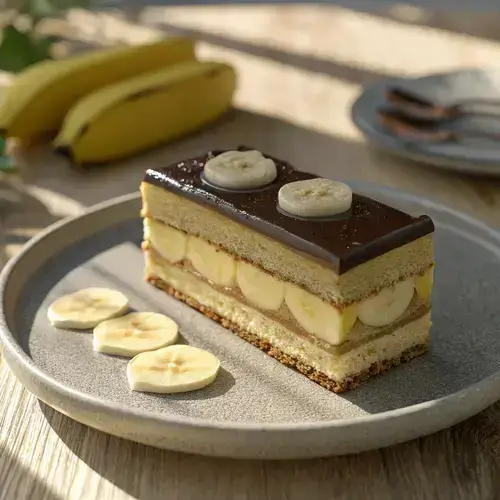 Slice of banana éclair cake with banana slices and chocolate ganache on a textured plate.