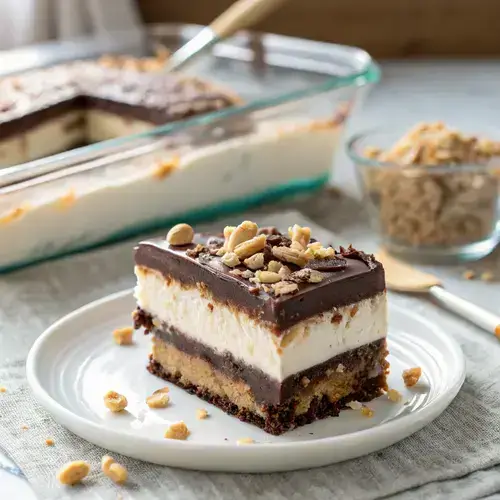 Layered Buster Bar Ice Cream Cake slice with visible chocolate and peanut toppings on a white plate.