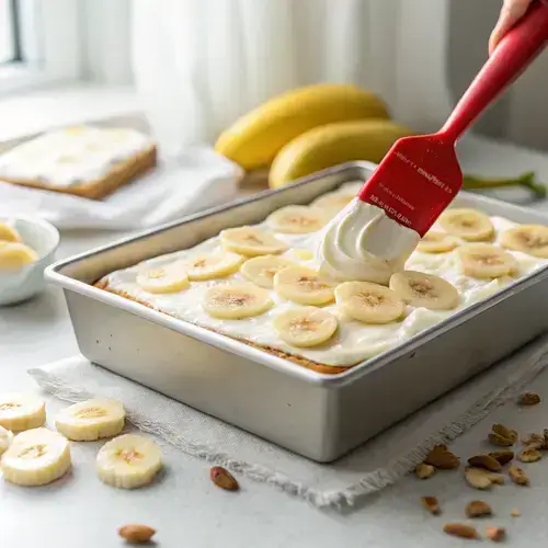 Rectangular metal baking pan with banana rounds and cheesecake layer, illuminated by natural daylight.