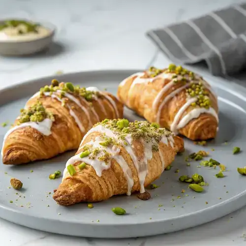 Close-up of pistachio croissants with a creamy marble background and scattered crumbs.
