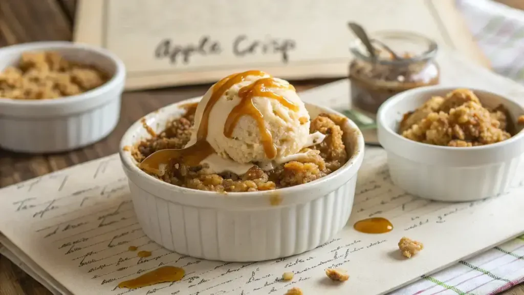 Close-up of a rustic bowl filled with apple crisp topped with vanilla ice cream and caramel sauce, surrounded by raw apple filling and crisp topping.
