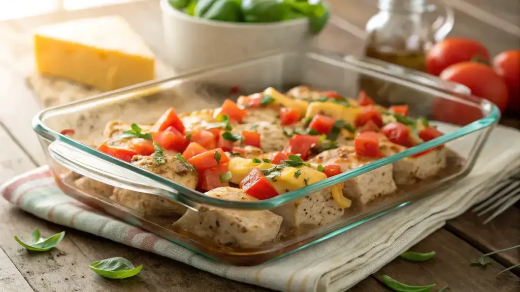 Bruschetta Chicken Bake in a glass dish with seasoned chicken, diced tomatoes, and melted mozzarella cheese on a wooden table.