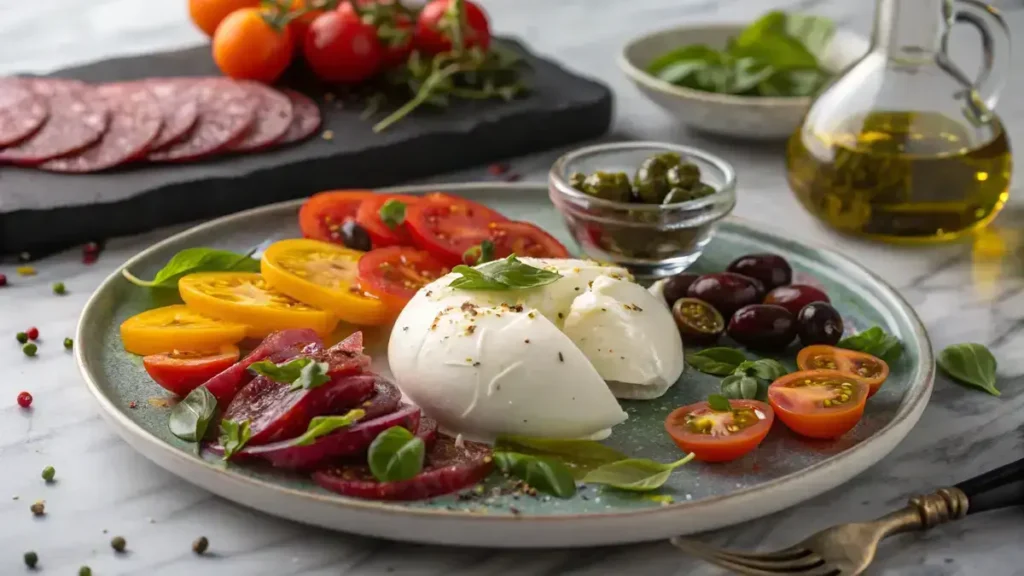A beautifully arranged burrata platter featuring creamy burrata, heirloom tomatoes, olives, and salami on a dark marble table.