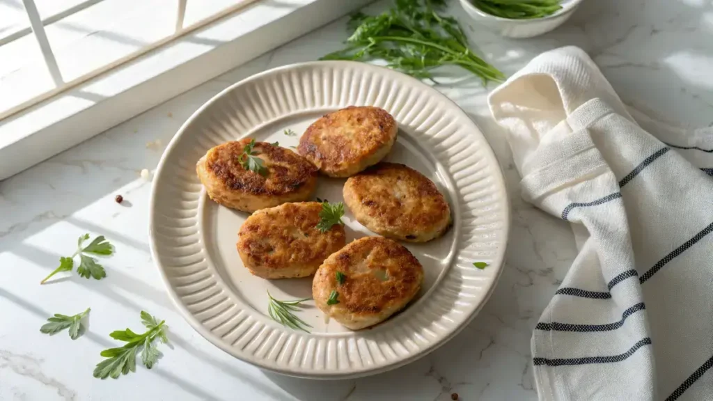 Five golden-brown chicken breakfast sausage patties on a white ceramic plate with fresh herbs.