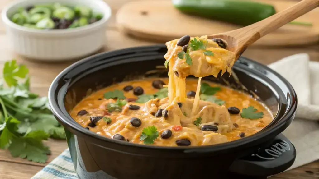 Close-up of a creamy Crockpot Chicken Enchilada Casserole with a wooden spoon lifting a cheesy scoop, surrounded by cilantro leaves.