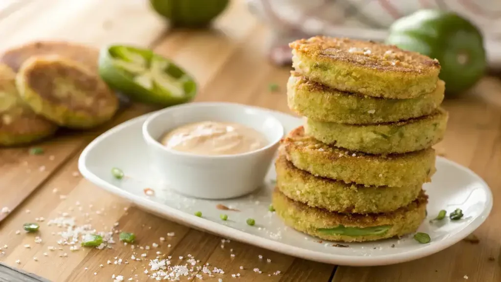 Close-up of golden-brown fried green tomato slices on a white plate with creamy dipping sauce.