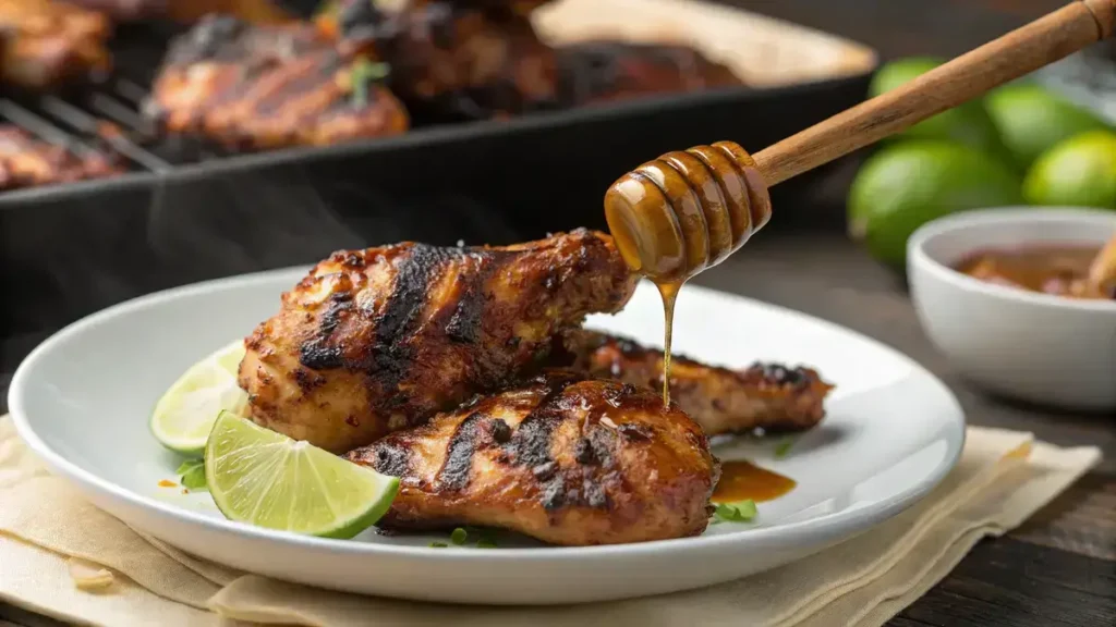 Close-up of Jamaican jerk chicken with honey drizzle and lime wedges on a white plate.