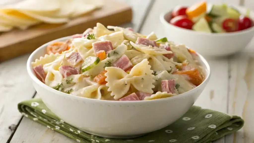 Close-up of a creamy loaded bowtie pasta salad in a white bowl, featuring pasta, ham, cheese, and vegetables.