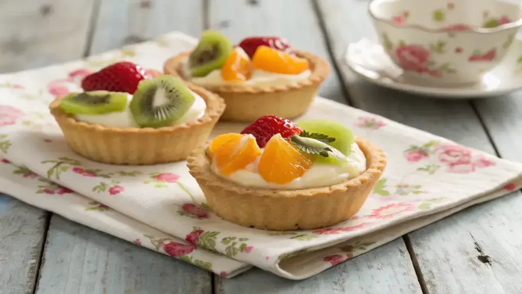 Three mini fruit pies with cream cheese filling and fresh fruit toppings on a rustic wooden table.