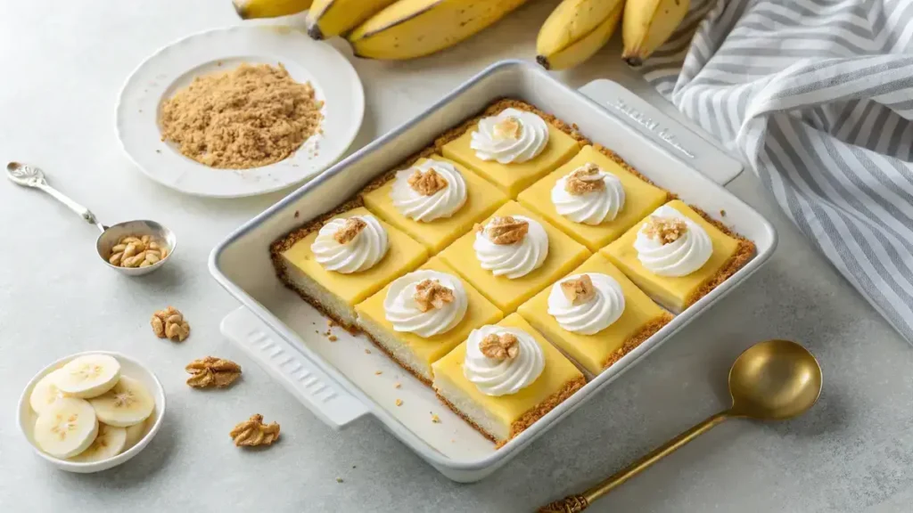 Close-up overhead view of pineapple banana cheesecake bars in a baking pan, topped with whipped cream and walnuts, with sliced bananas on the side.