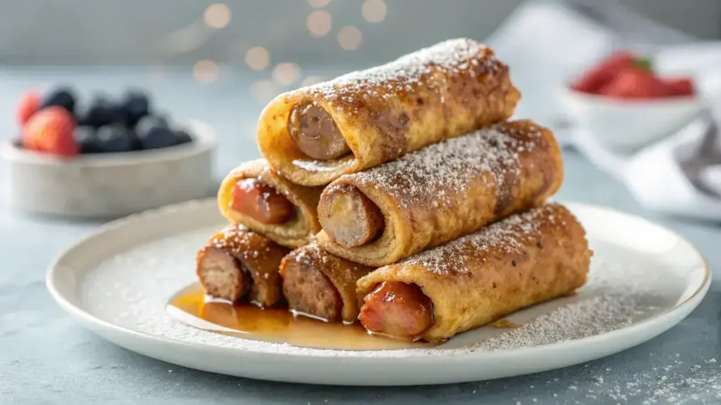 Four stacked Sausage French Toast Roll-Ups drizzled with maple syrup and sprinkled with powdered sugar on a white plate.