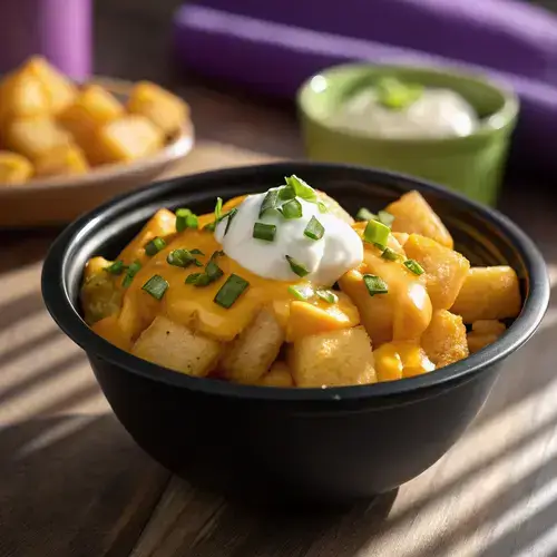 Black bowl filled with crispy diced potatoes, nacho cheese, and green onions, featuring Taco Bell Fiesta Potatoes.