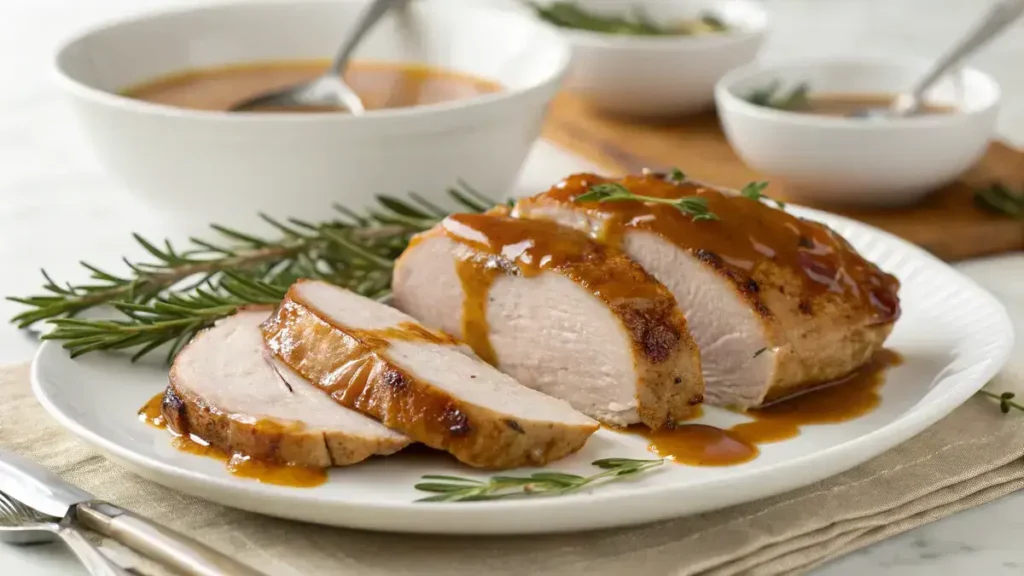 Close-up of sliced roasted turkey breast with amber gravy on a white plate, garnished with rosemary and sage.