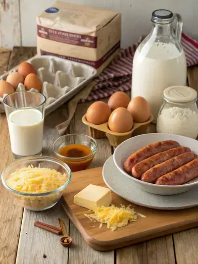 Ingredients for Pancake Sausage Casserole displayed on a wooden table