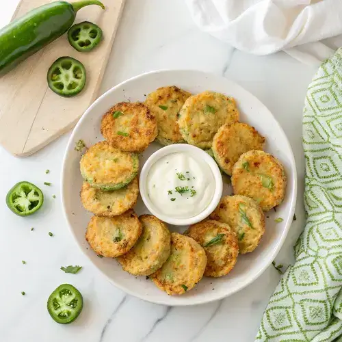 A plate of fried jalapeno slices with ranch sauce on a marble countertop.