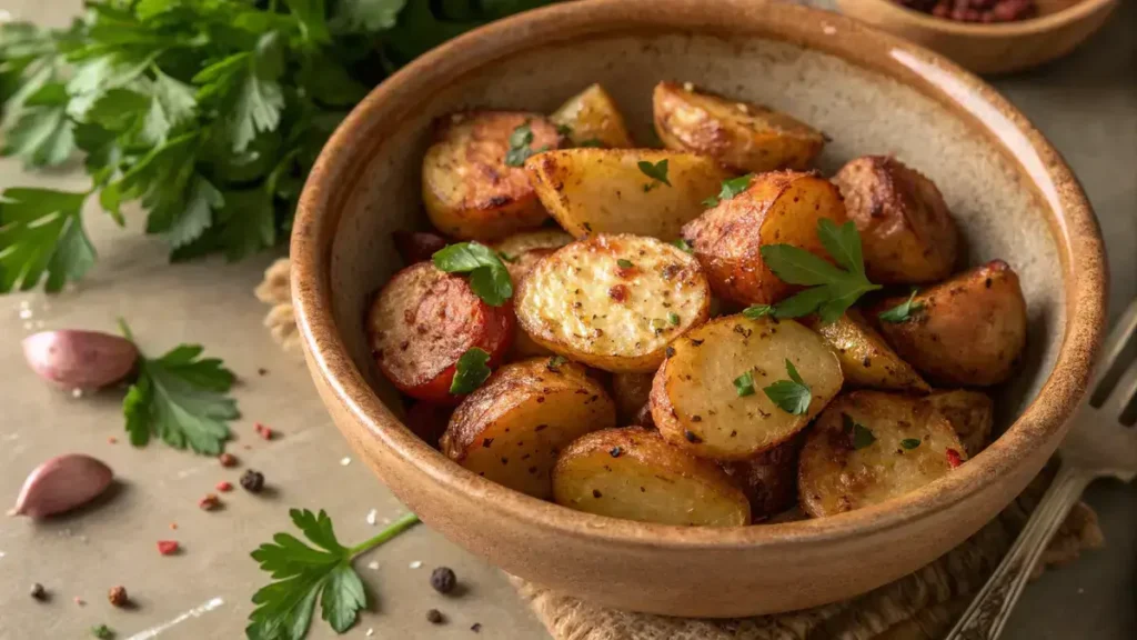 Overhead view of a rustic ceramic bowl filled with crispy air fryer potatoes, garnished with herbs and parsley.