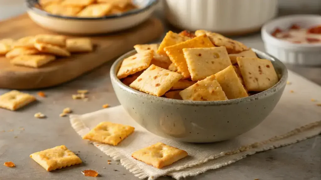 Close-up of golden homemade Cheez-Its in a ceramic bowl on a neutral tabletop.