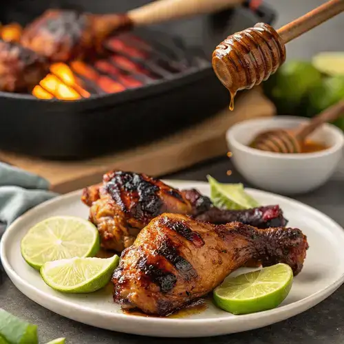 Grilled Jamaican jerk chicken pieces with honey and lime, set against a charcoal grill background.