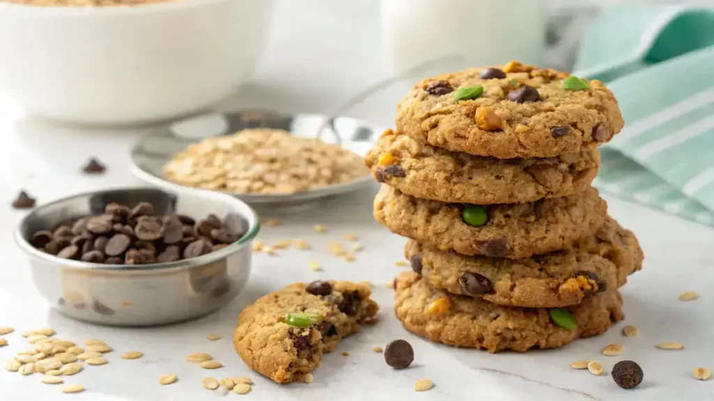 Close-up of a stack of chunky oatmeal breakfast cookies with golden raisins, dark chocolate chips, and green pepitas on a white surface.