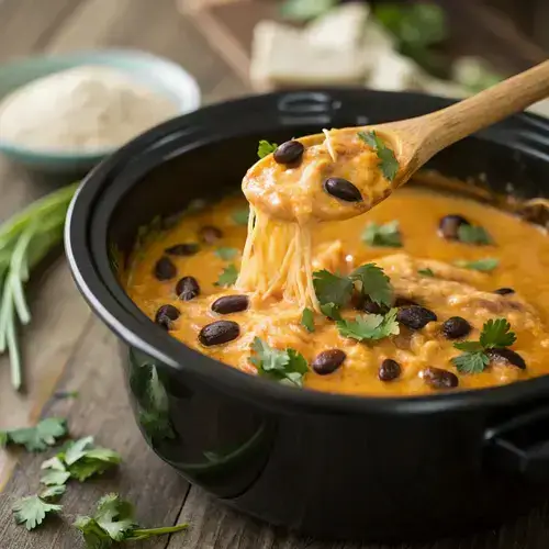 Gooey cheesy scoop of Crockpot Chicken Enchilada Casserole being lifted from a slow cooker, with a rustic wooden table in the background.