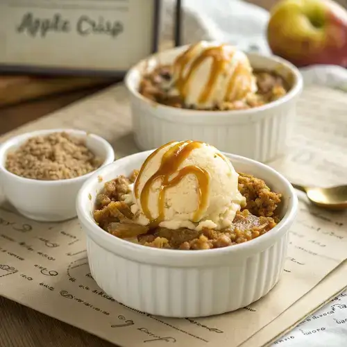 Overhead view of apple crisp dessert in a white bowl with ice cream and caramel, with baking dishes of apple filling nearby.