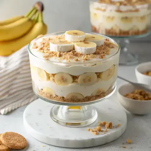 Three-layer banana pudding dessert with whipped cream and crushed wafer crumbs on top, set against a soft-focus background of ripe bananas.